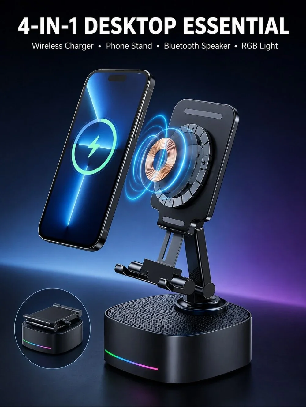 4-in-1 Bluetooth Speaker Phone Stand Wireless Charger RGB Light